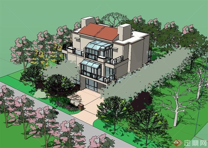 现代风格别墅住宅建筑楼及简单的庭院设计SU模型