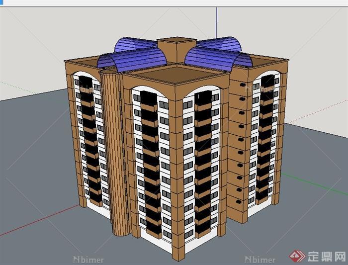 某现代风格独特造型的多层住宅楼设计su模型[原创