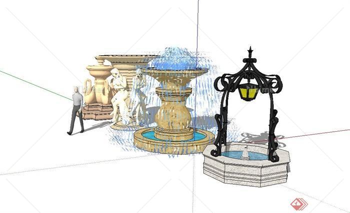 四种欧式水钵水景设计su模型（含雕塑）[原创]
