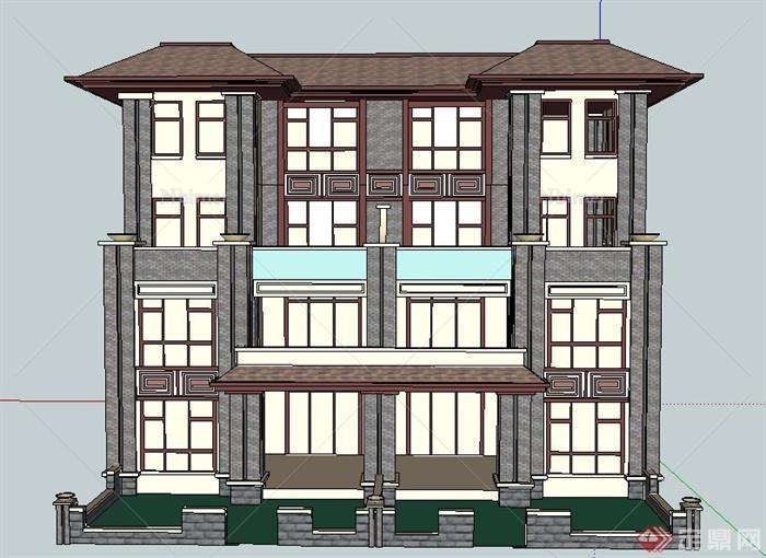 现代中式风格双拼别墅建筑设计su模型