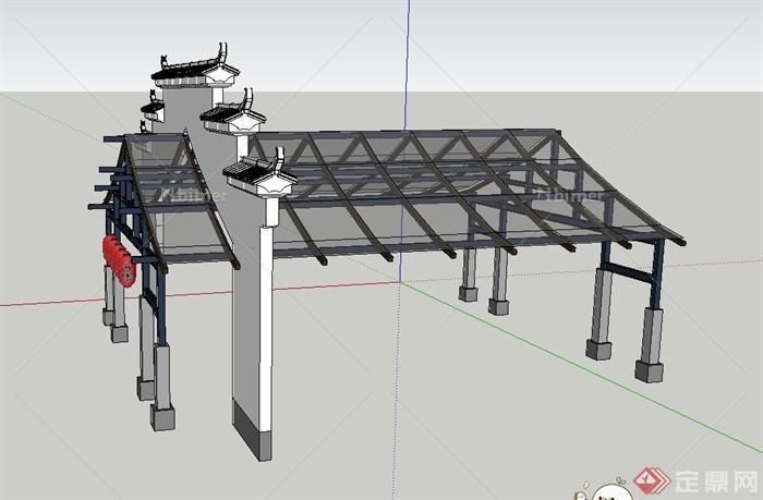古典中式风格某入口门廊设计SU模型[原创]