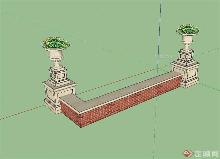 欧式风格砖砌矮墙、花钵组合设计su模型