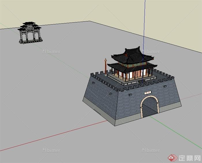 中国古典中式风格详细城门及牌坊门设计su模型[原