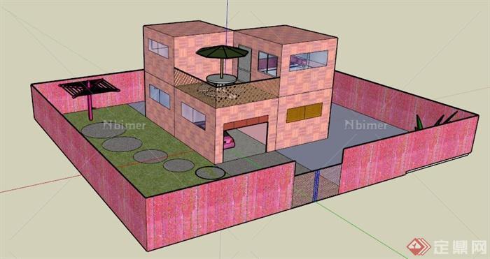 某现代粉红住宅居住建筑设计SU模型