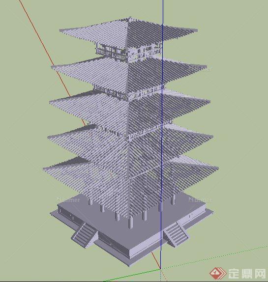 古典中式五层塔楼建筑设计SU模型
