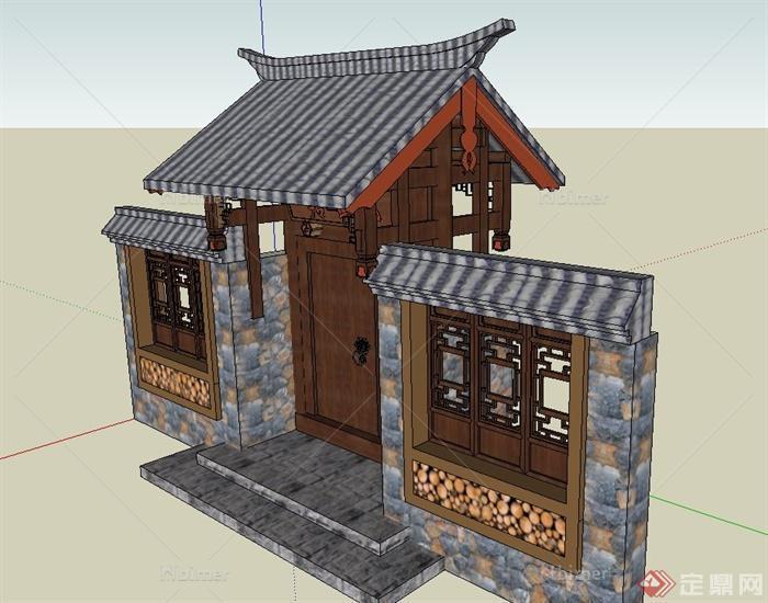古典中式建筑庭院入口花锤门设计SU模型