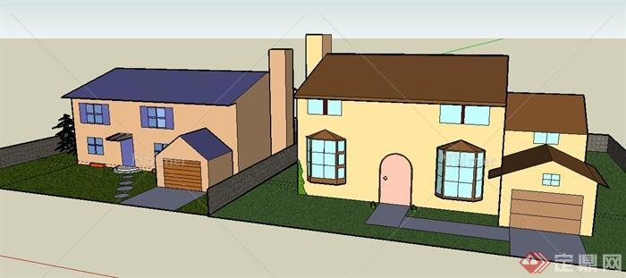 两栋民居自建房住宅建筑设计SU模型