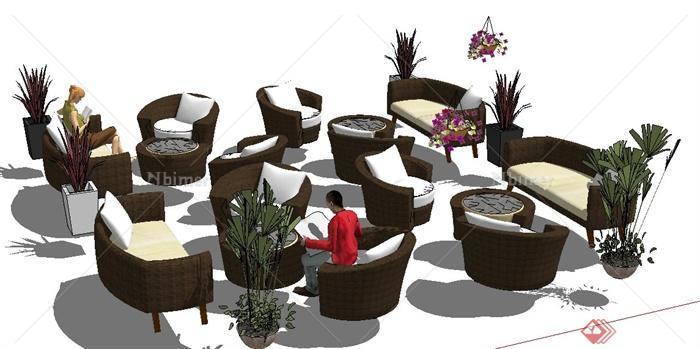现代风格咖啡馆沙发茶几组合su模型