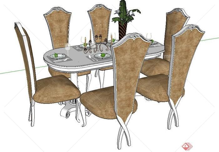 欧式风格高背椅及餐桌su模型