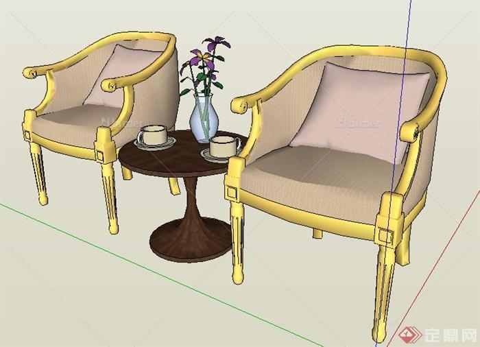 欧式风格单人沙发椅及边几su模型