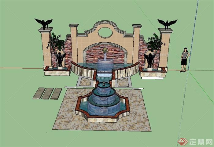 某欧式景观节点景墙与喷泉设计SU模型