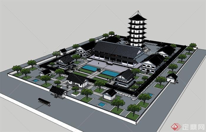 古典中式风格寺庙建筑及规划完整设计su模型[原创