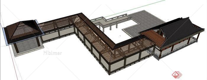 现代中式风格凉亭及长廊、园桥组合su模型