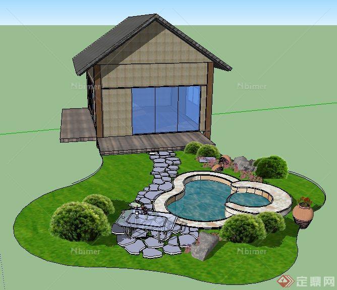 现代中式风格住宅小屋及水池景观su模型