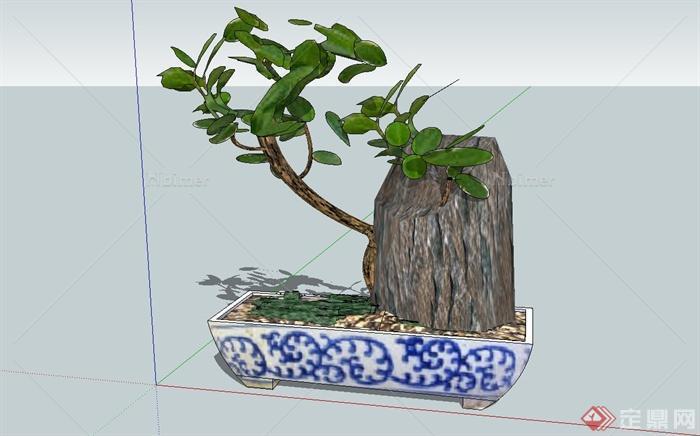 青花瓷花盆、盆栽植物设计su模型
