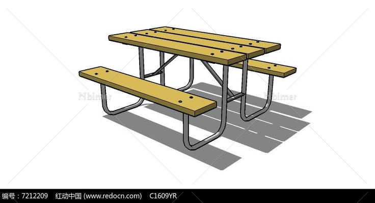户外一体式连体木质桌椅组合su模型
