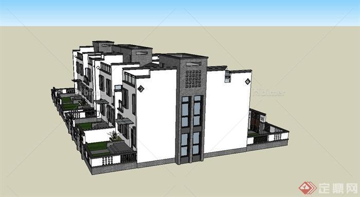 某现代中式三层联排别墅建筑设计SU模型与CAD平面