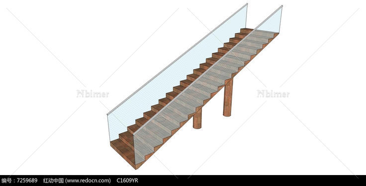 玻璃扶手大理石楼梯su模型