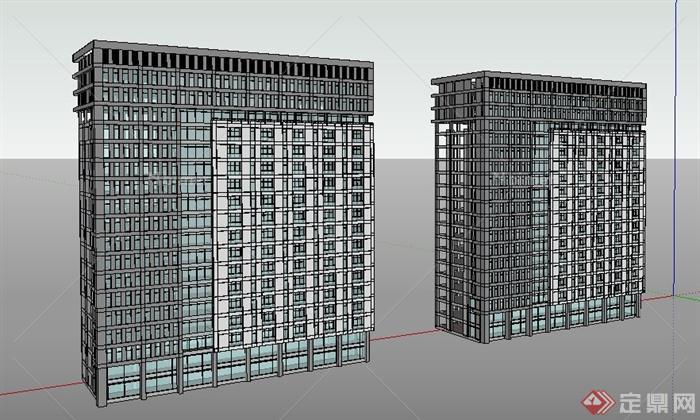 两栋现代简约高层办公楼建筑设计su模型[原创]
