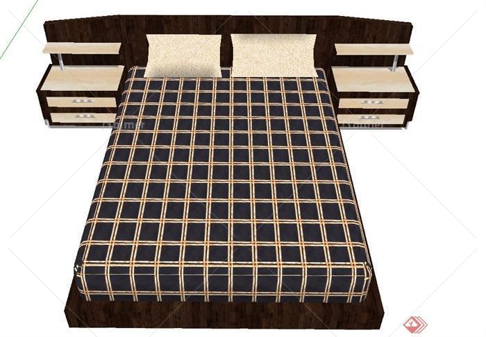 现代室内深色系木质带床头柜双人床设计SU模型[原
