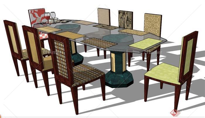 现代风格多边形八人座餐桌椅su模型