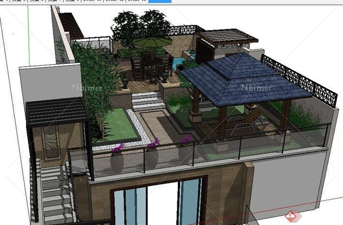 现代中式屋顶花园景观设计su模型