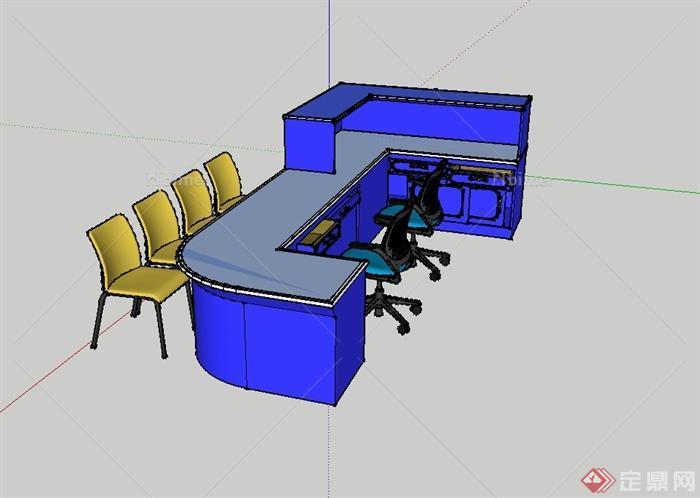 现代风格蓝色接待台桌椅设计su模型[原创]