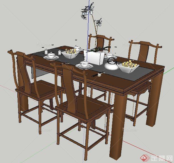 室内设计中式四人座餐桌椅su模型