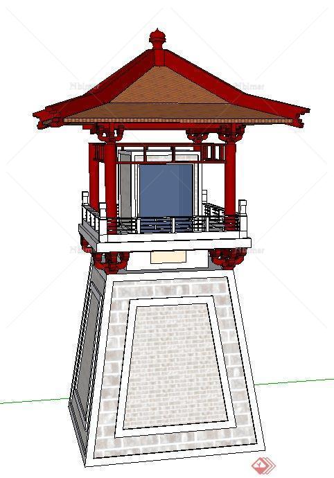 中式风格两层方形塔楼建筑设计SU模型