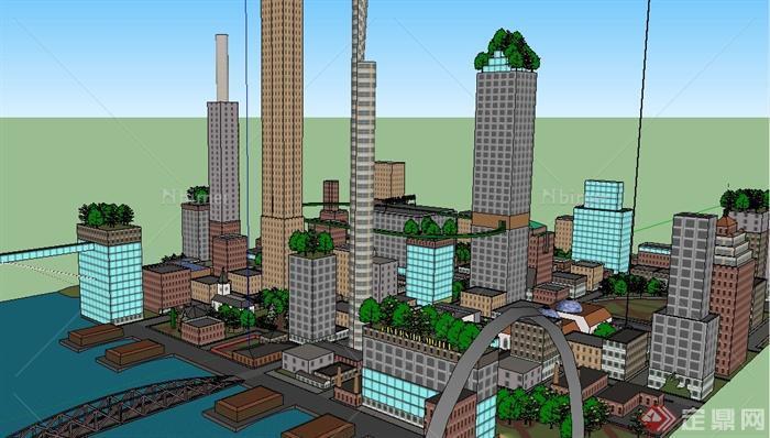 现代跨江城市设计su模型