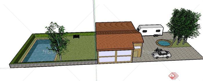 某欧式两层住宅前后院景观设计SU模型