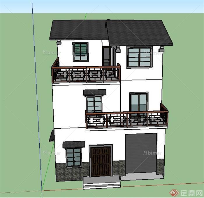 某三层瓦屋顶带阳台住宅建筑设计SU模型