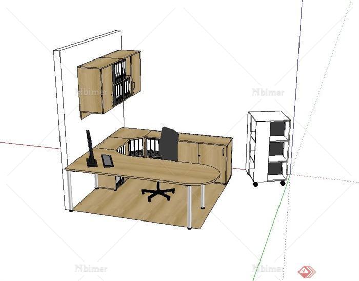 某现代室内办公空间桌椅书柜设计su模型[原创]