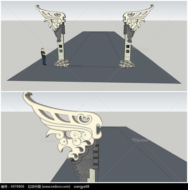 大门龙翼柱SU模型