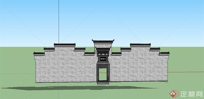 某古典中式风格大门与围墙设计SU模型