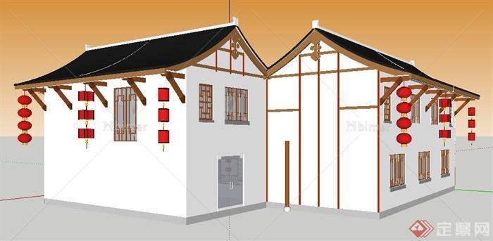现代中式风格二层民居建筑设计su模型