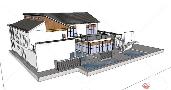 现代中式别墅住宅设计su模型