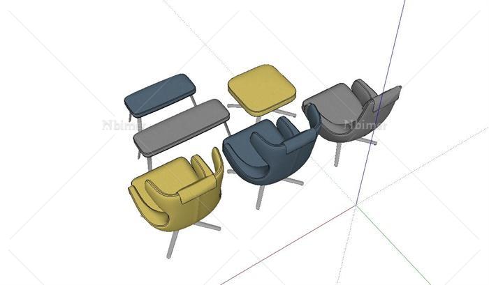 室内六个椅子与坐凳设计设计SU模型[原创]