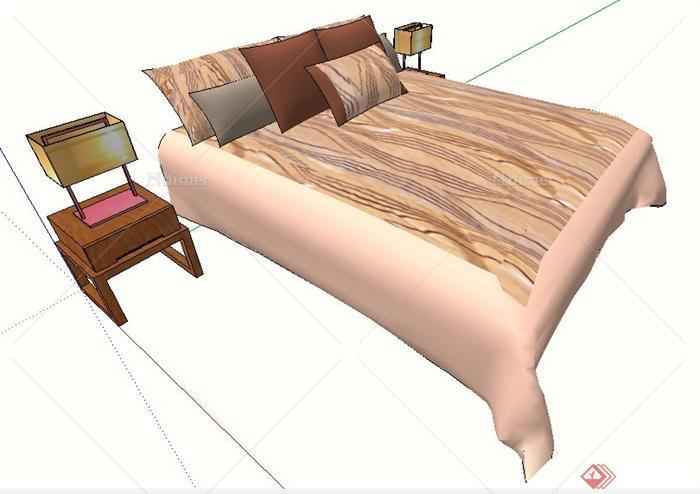 简约中式床及床头柜su模型