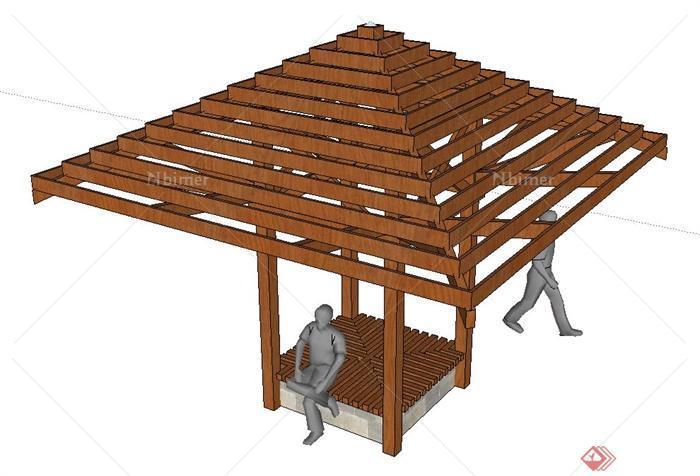 园林景观节点木质方形独角亭设计SU模型