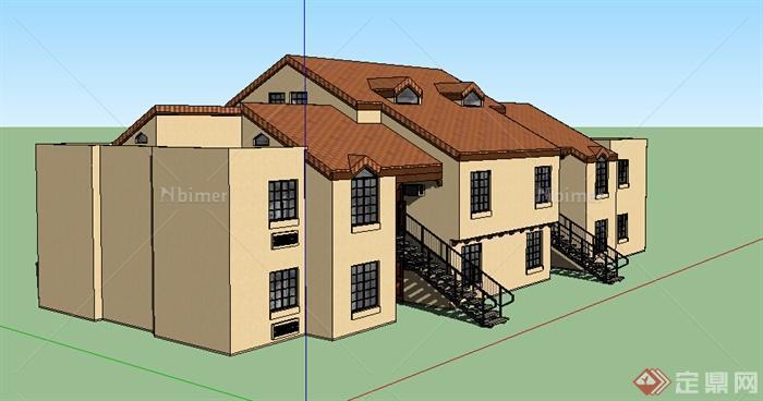 现代风格三层临街住宅建筑设计su模型