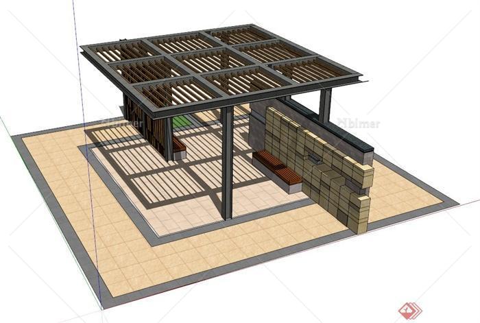 方形廊架景墙组合设计SU模型
