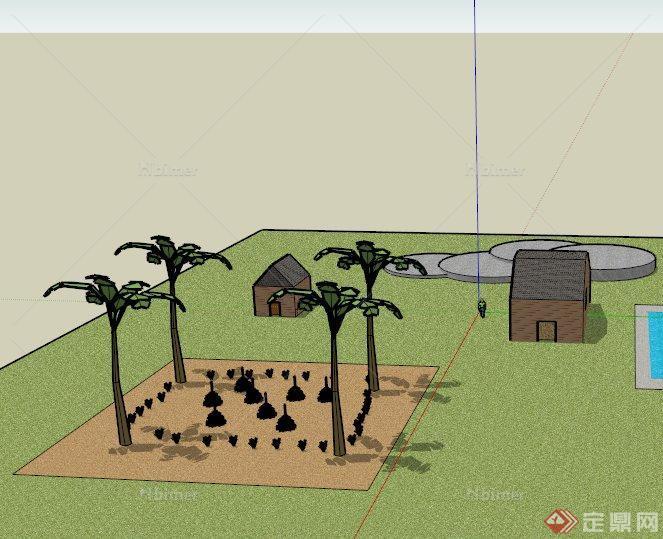 某两栋小型住宅建筑周边植物景观设计SU模型