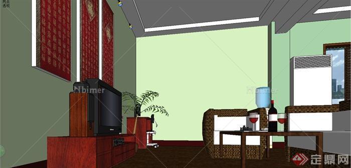 某现代中式风格住宅卧室室内装饰设计SU模型[原创