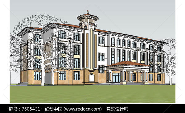 西班牙风格办公楼建筑草图大师SU模型