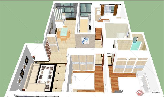 现代三室二厅家装方案SU精致设计模型