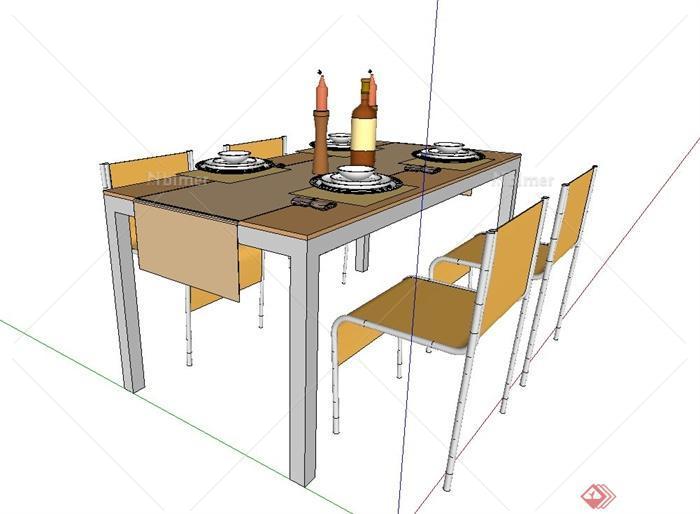 现代简约风格四人长方形餐桌椅设计SU模型