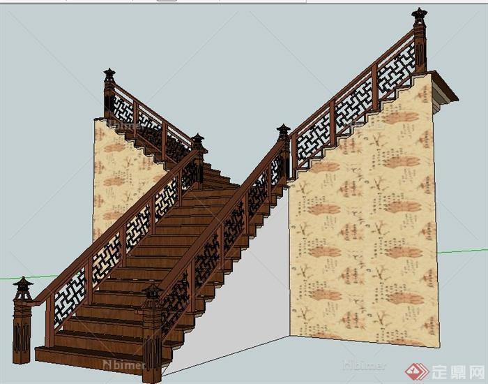 中式风格转角楼梯设计su模型