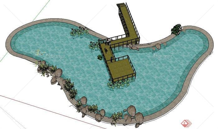 现代景观水池及木平台su模型