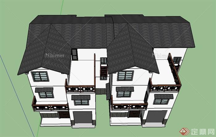 某三层现代中式坡屋面住宅建筑设计SU模型